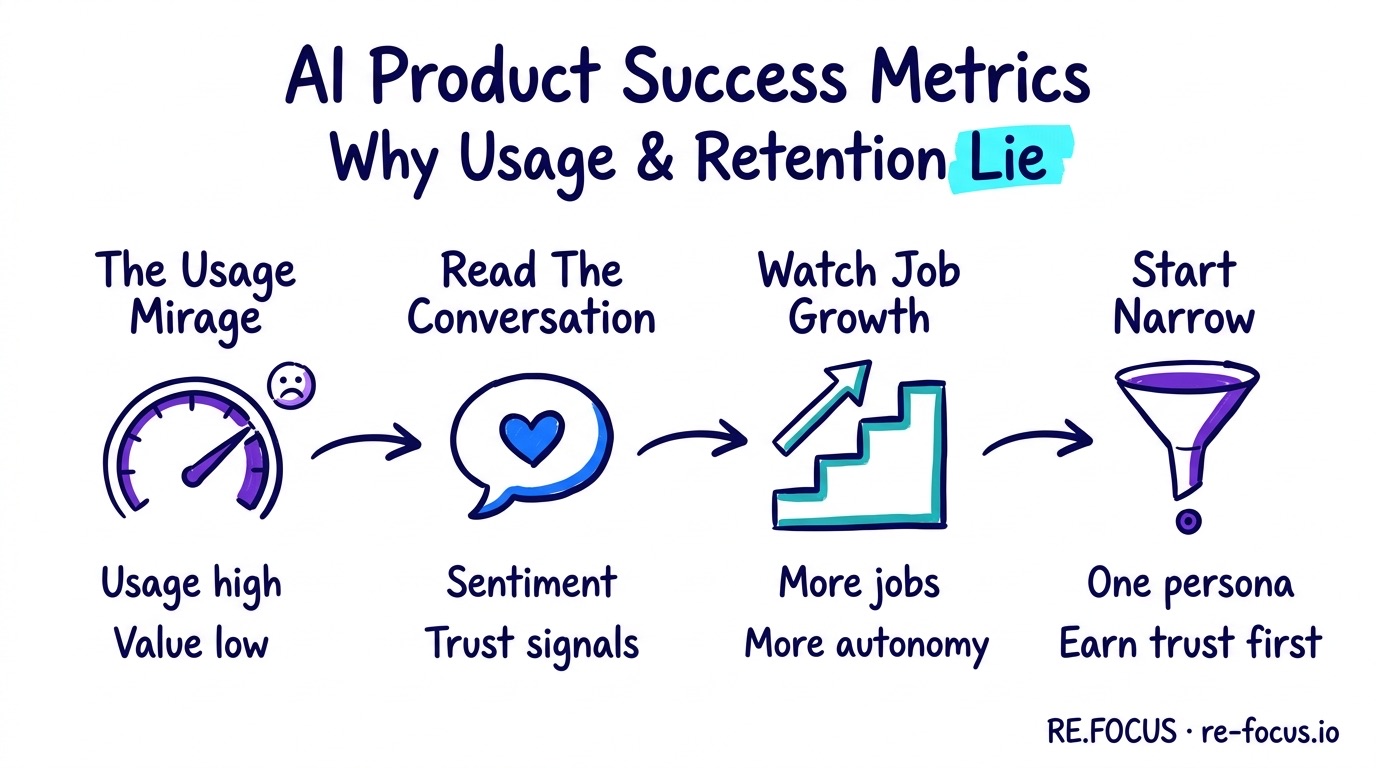 A hand-drawn infographic on why AI product success metrics differ from usage and retention: the usage mirage where high usage means low value, reading sentiment and trust out of the conversation, watching jobs and autonomy grow over time, and starting with one narrow persona to earn trust first.