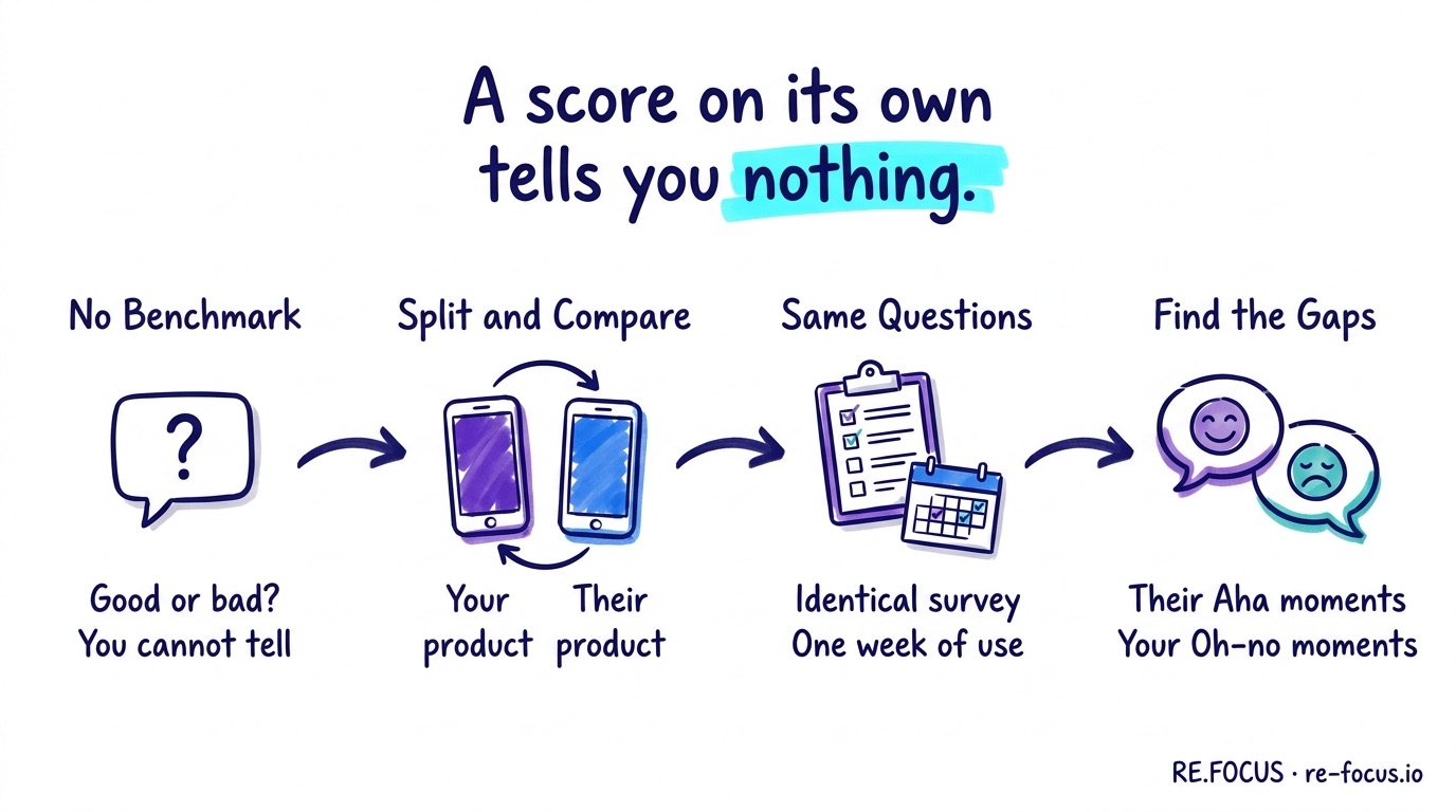 A hand-drawn four-part infographic on competitive user research: a score with no benchmark cannot be judged, so split users across your product and a competitor's, run an identical survey over a week of use, and read the gap between their Aha moments and your Oh-no moments.