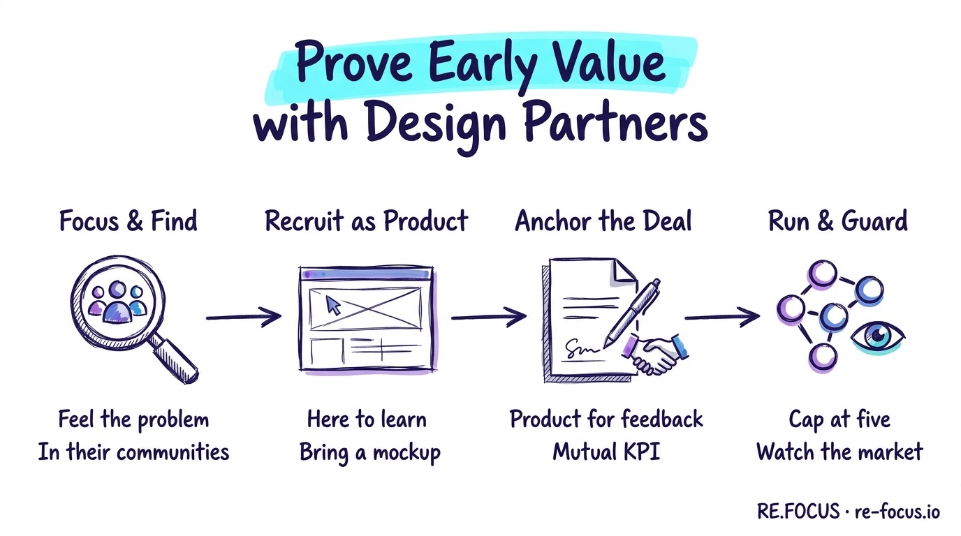 A hand-drawn four-step infographic for proving early product value with design partners: focus and find, recruit as product, anchor the deal, then run and guard against bias.