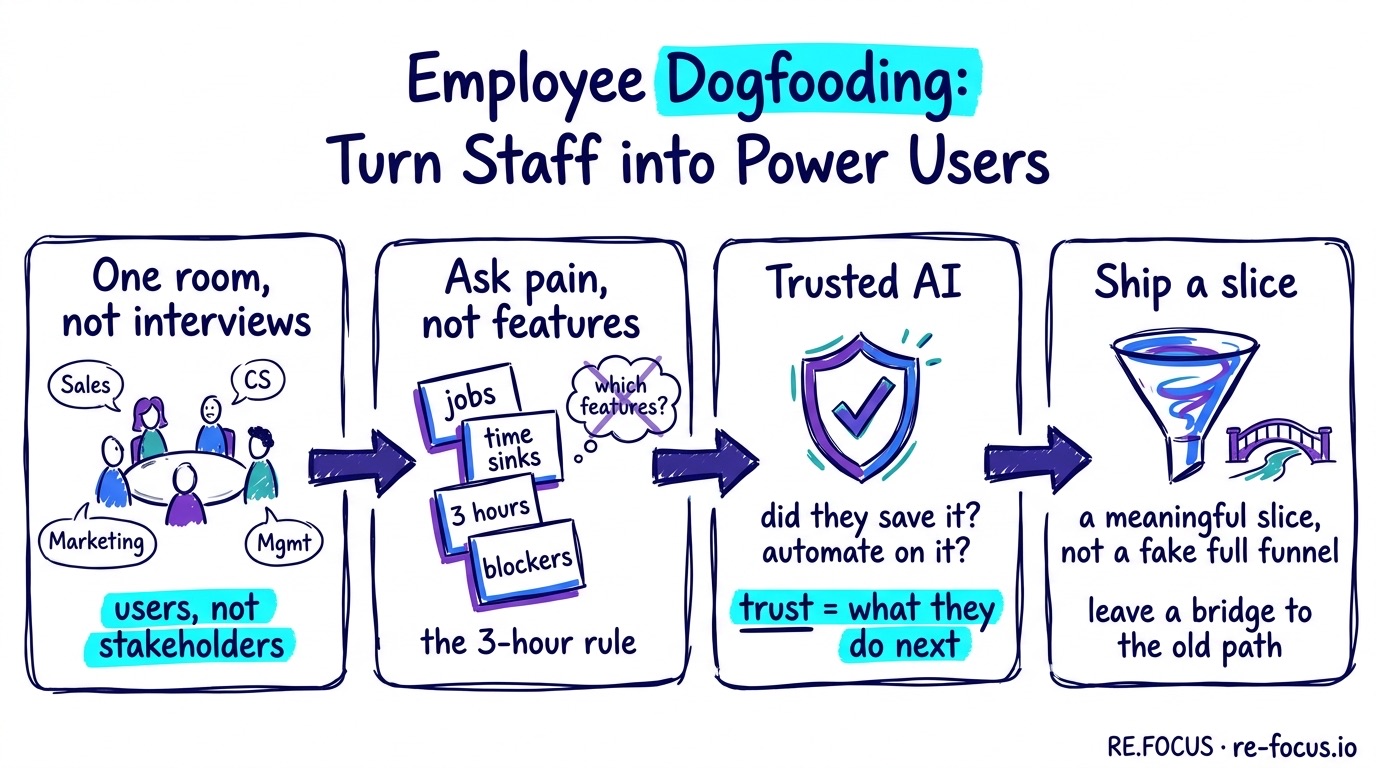 Hand-drawn infographic on employee dogfooding: one cross-functional room (Sales, CS, Marketing, Management) treated as users; a workshop that asks about jobs, time sinks, three-hour savings and blockers instead of features; trusted AI measured by what people do next; and shipping a meaningful slice that leaves a bridge to the old path.