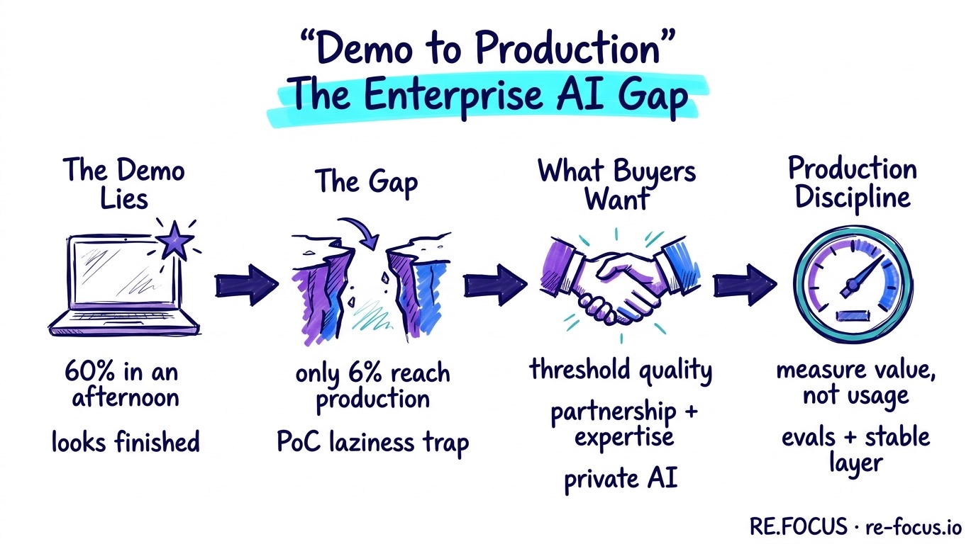 A hand-drawn infographic tracing why enterprise AI products stall: an impressive demo reaches 60% in an afternoon but only 6% of pilots reach production, and what closes the gap is threshold quality plus partnership and private AI, then production discipline that measures value over usage and invests in evaluation.