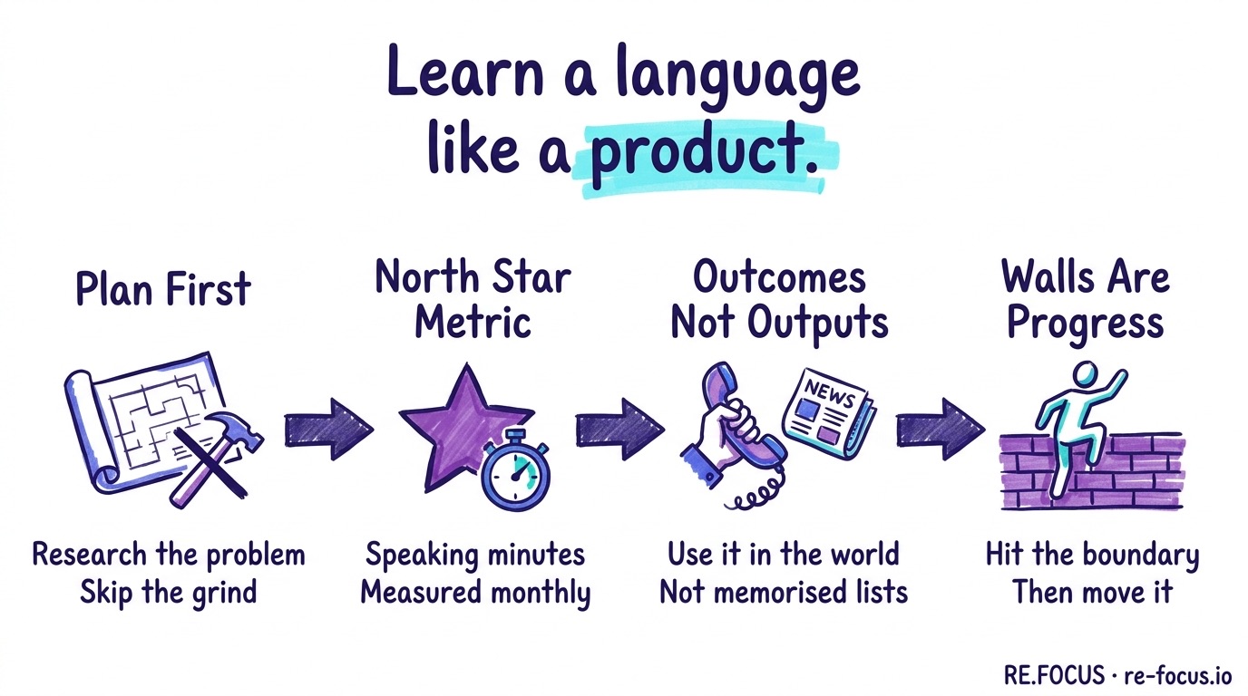 A hand-drawn four-part infographic on applying product techniques to language learning: plan and research before grinding an app, pick a north star metric of monthly speaking minutes, chase real-world outcomes rather than memorised outputs, and treat every wall you hit as evidence of progress.