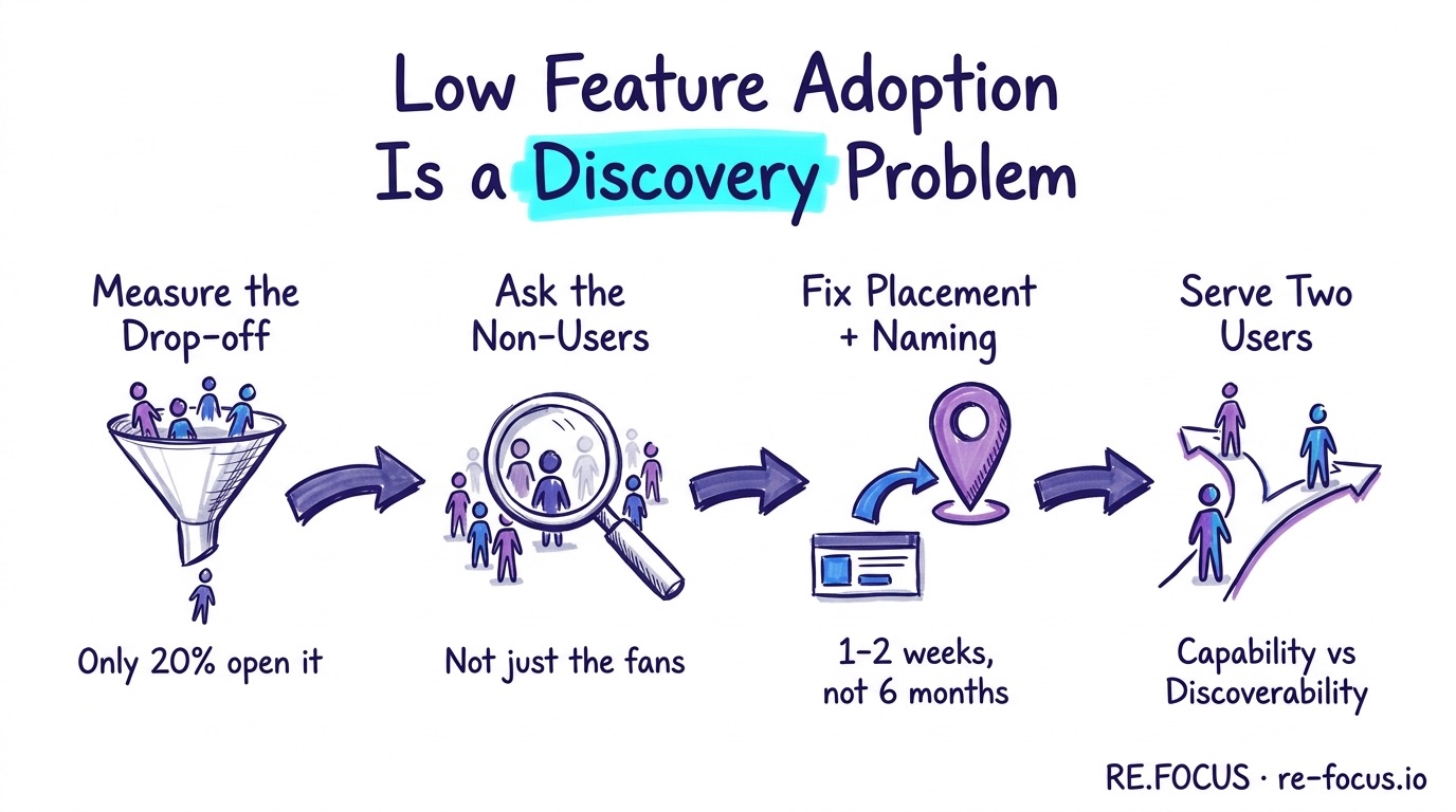 Hand-drawn infographic showing how to treat low feature adoption as a discovery problem: measure the drop-off of users who hit the problem but never open the feature, research the non-users instead of the fans, fix placement and naming as the cheap first move, then serve advanced and simple users on separate tracks.