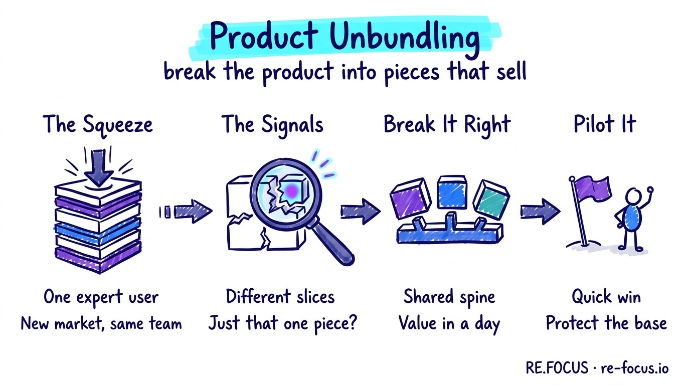 A hand-drawn infographic of product unbundling in four steps: a heavy product for one expert, the signals to split it, the shared spine and gold-standard test, and a pilot for a new persona.