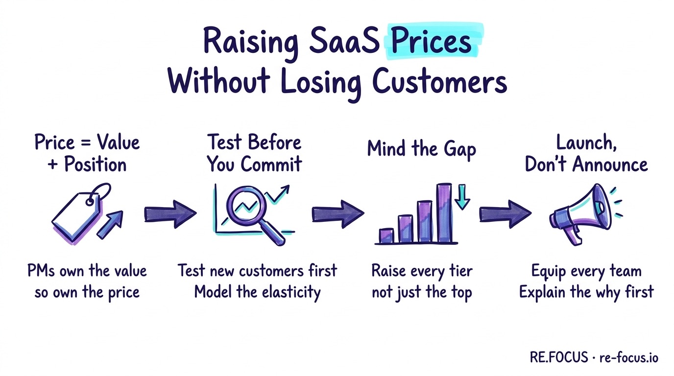 Hand-drawn infographic summarizing how to raise SaaS prices as a product discipline: price reflects value and position, test before committing, raise every tier to protect the gap, and launch the change with communication.