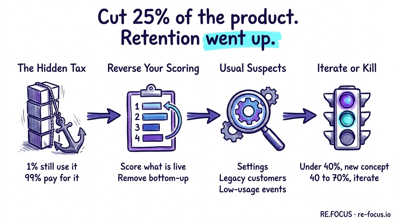 A hand-drawn four-part infographic on removing underperforming features: a hidden tax where 1% still use a feature and 99% pay for it, reversing your scoring framework to remove from the bottom up, the usual hiding places in settings and legacy-customer builds and low-usage events, and an iterate-or-kill test against the best case.