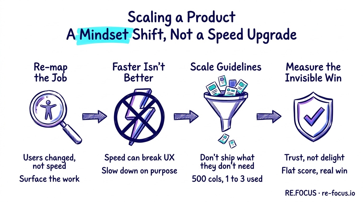 Hand-drawn infographic summarizing how to scale a product as a mindset shift in four steps: re-map the user's job instead of just speeding up, recognize that faster isn't better and sometimes slow down on purpose, set scale guidelines that filter the roadmap, and measure the invisible win as trust rather than delight.
