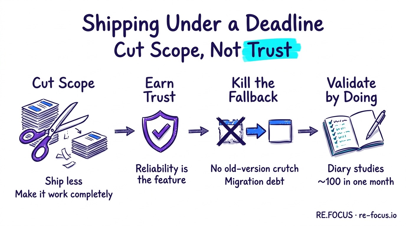 Hand-drawn infographic summarizing how to ship under a deadline: cut scope down to what works completely, make reliability the feature that earns enterprise trust, refuse the old-version fallback that becomes migration debt, and validate through diary studies before launch.